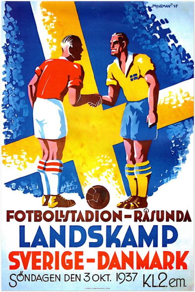 Sweden vs Denmark 1937 Vintage Soccer Poster, Futbol Posters