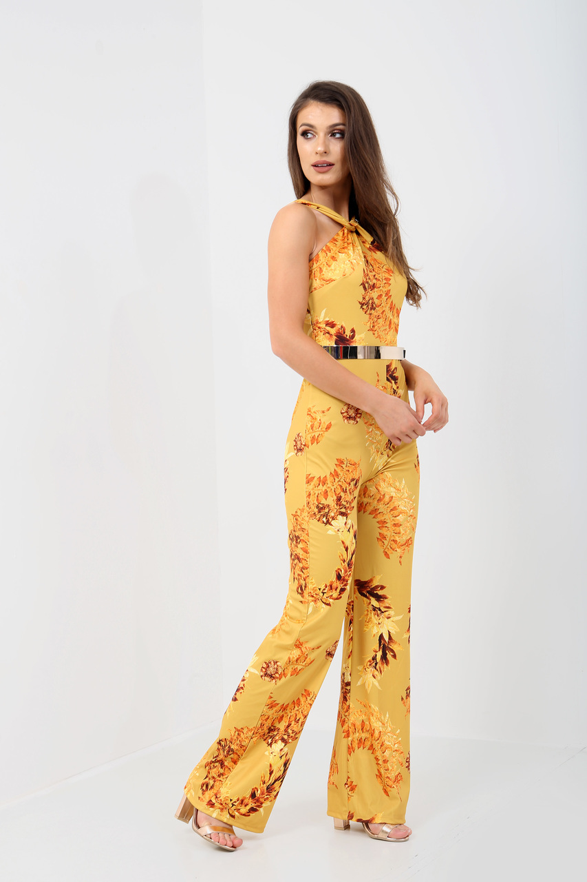 Floral Halter Neck Belted Jumpsuit yellow - Phylese