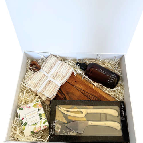 Settled In Hamper, settlement hamper, housewarming hamper, cheese board and knife hamper