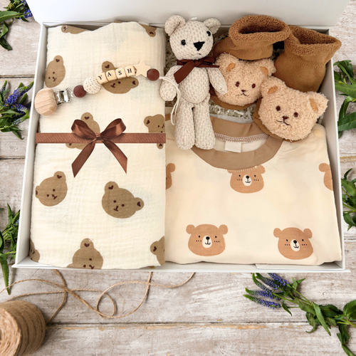 Personalized Baby Brown Bear Hamper, Custom Baby shower hamper