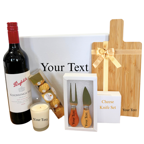 The Personalized Indulgence Hamper, Personalized cheese board, personalized candle, personalized cheese knife, settlement hamper, house warming hamper