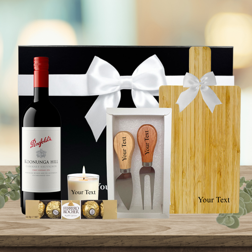 The Personalized Indulgence Hamper, Personalized cheese board, personalized candle, personalized cheese knife, settlement hamper, house warming hamper
