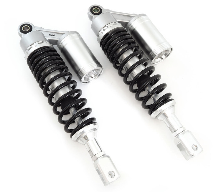 Pair Of Black Adjustable Motorcycle Shocks With Remote Reservoir – 310mm To 320mm Eye-to-Eye, Triple Rate Springs