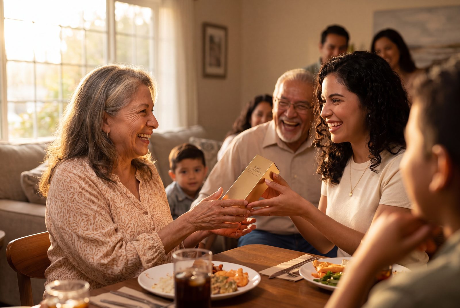 A multigenerational family gathered around a table