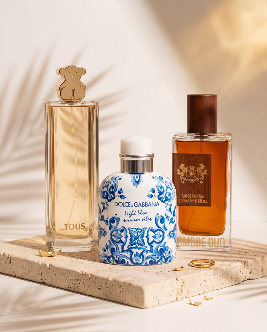Fragrance bottles on a travertine plinth in warm golden light