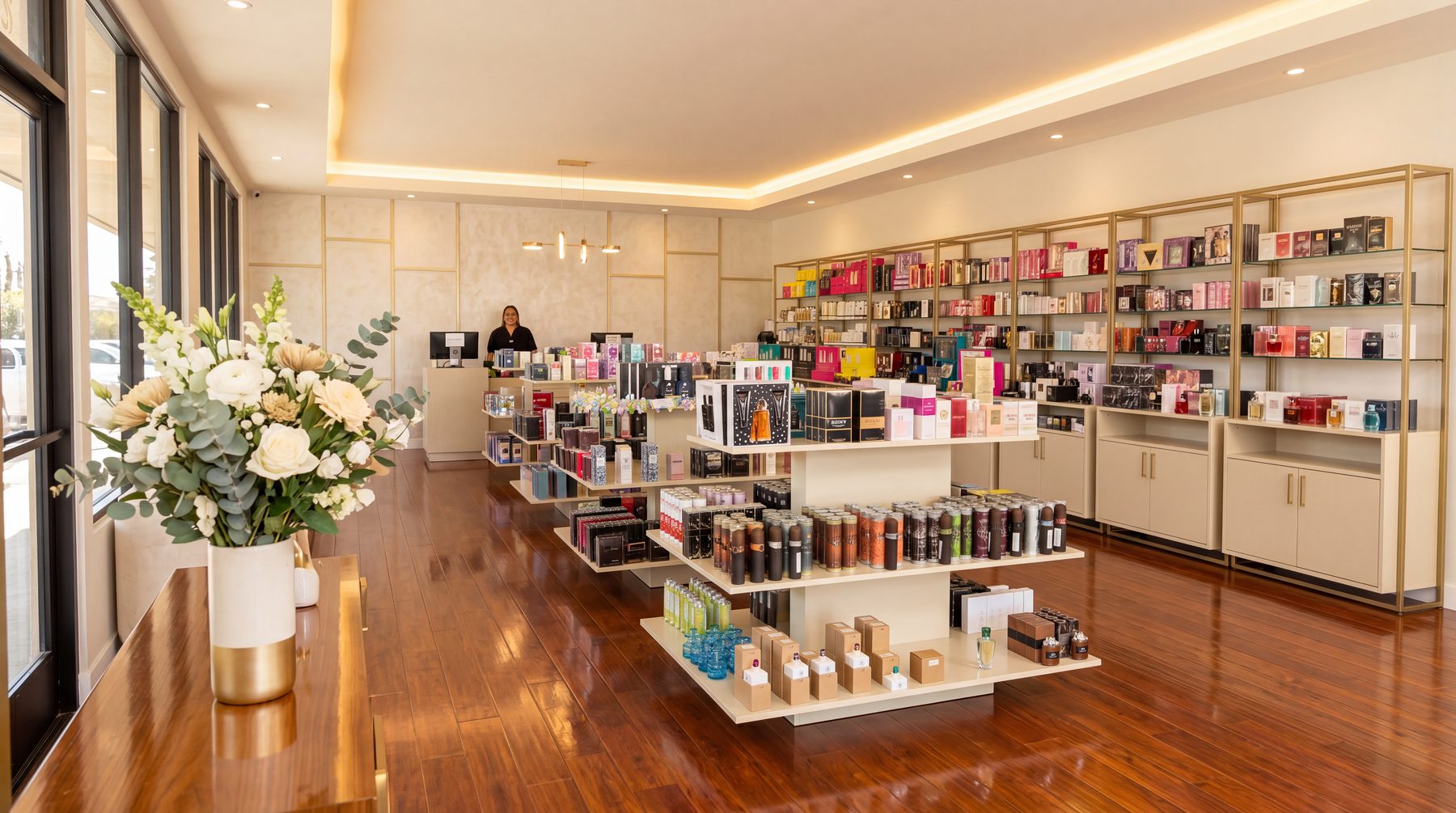 The interior of a La Mina de Oro Beauty Warehouse store with gold shelving stocked with fragrance