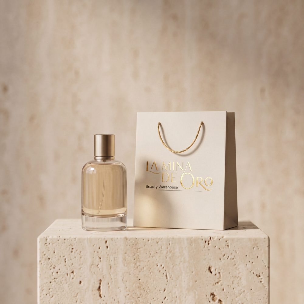 A fragrance bottle beside a cream La Mina de Oro gift bag with gold foil logo