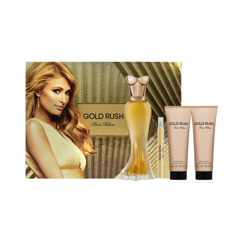 SET PARIS HILTON 4PC GOLD RUSH 3.4 EDP+0.33 EDP SPRAY+3.0 BL+3.0 SG (W) HARD BOX