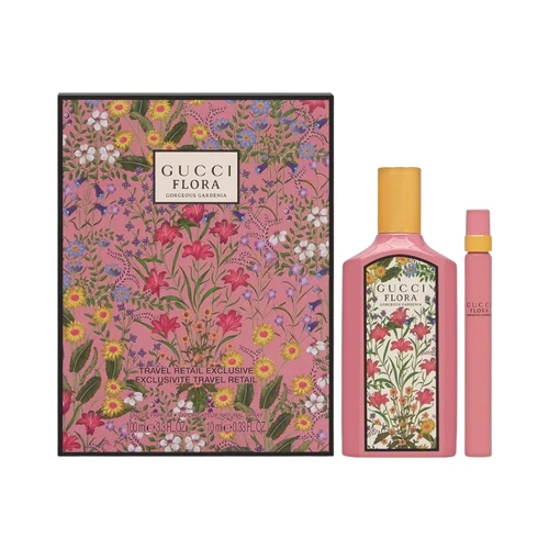 SET GUCCI 2PC FLORA GORGEOUS GARDENIA 3.4 EDP+0.33 EDP PURSE SPY (W) TRAVEL EXCLUSIVE SOFT BOX W/ CELLO