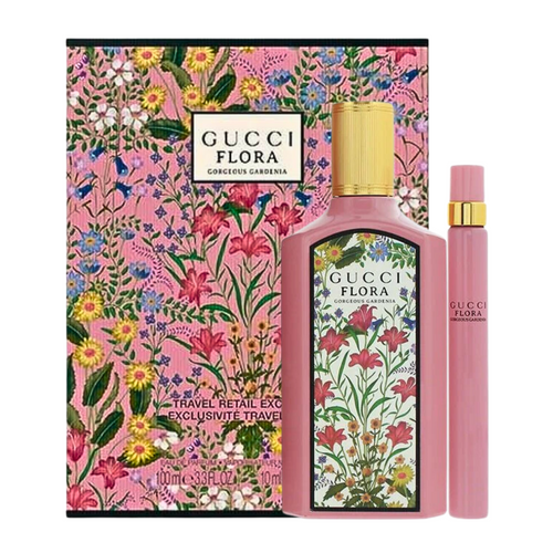 SET GUCCI 2PC FLORA GORGEOUS GARDENIA 3.3 EDP+0.33 EDP PURSE SPY (W) TRAVEL EXCLUSIVE SOFT BOX W/ CELLO