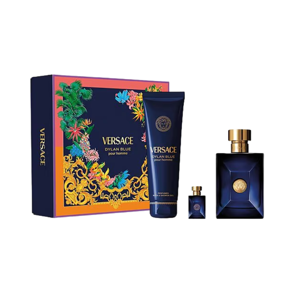 SET VERSACE 3PC DYLAN BLUE POUR HOMME 3.4 EDT+5.0 SG+0.17 EDT MINI (M) HARD BOX