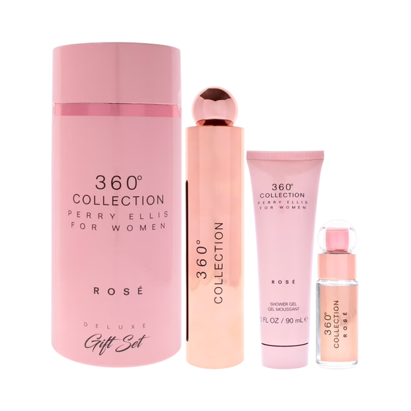 SET PE PERRY ELLIS 3PC 360 COLLECTION ROSE 3.4 EDP+3.0 SG+0.25 EDP SPRAY (W) DELUXE CANNISTER