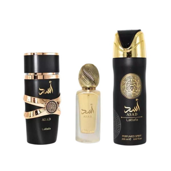 SET LATTAFA 3PC ASAD 3.4 EDP+6.7 DEO+1.7 HAIR MIST (U) SOFT DISPLAY BOX SET LATTAFA 3PC ASAD 3.4 EDP+6.7 DEO+1.7 HAIR MIST (U) SOFT DISPLAY BOX