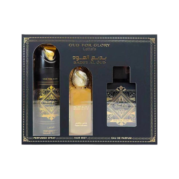 Set Lattafa 3Pc Bade'e Al Oud Glory 3.4 Edp+6.67 Deo+1.7 Hair Mist (U) Set Lattafa 3Pc Bade'e Al Oud Glory 3.4 Edp+6.67 Deo+1.7 Hair Mist (U)