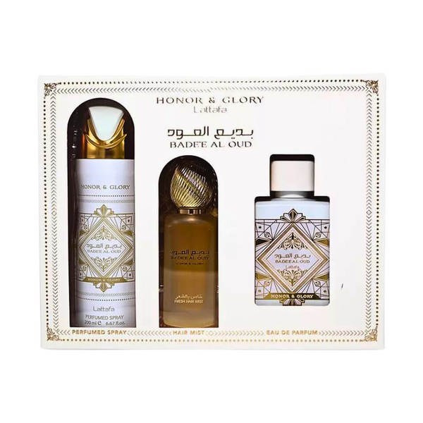 Set Lattafa 3Pc Bade'e Al Oud Honor and Glory 3.4 Edp+6.67 Deo+1.7 Hair Mist (U) Set Lattafa 3Pc Bade'e Al Oud Honor and Glory 3.4 Edp+6.67 Deo+1.7 Hair Mist (U)
