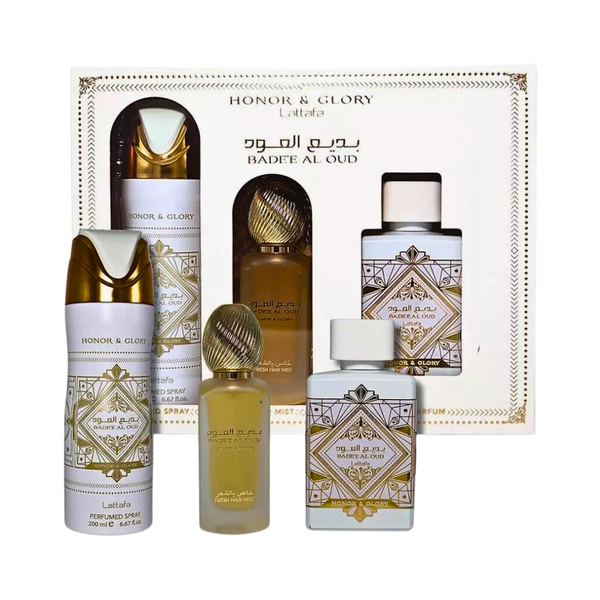 Set Lattafa 3Pc Bade'e Al Oud Honor and Glory 3.4 Edp+6.67 Deo+1.7 Hair Mist (U) Set Lattafa 3Pc Bade'e Al Oud Honor and Glory 3.4 Edp+6.67 Deo+1.7 Hair Mist (U)