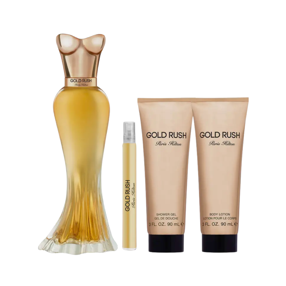 SET PARIS HILTON 4PC GOLD RUSH 3.4 EDP+0.33 EDP SPRAY+3.0 BL+3.0 SG (W) HARD BOX