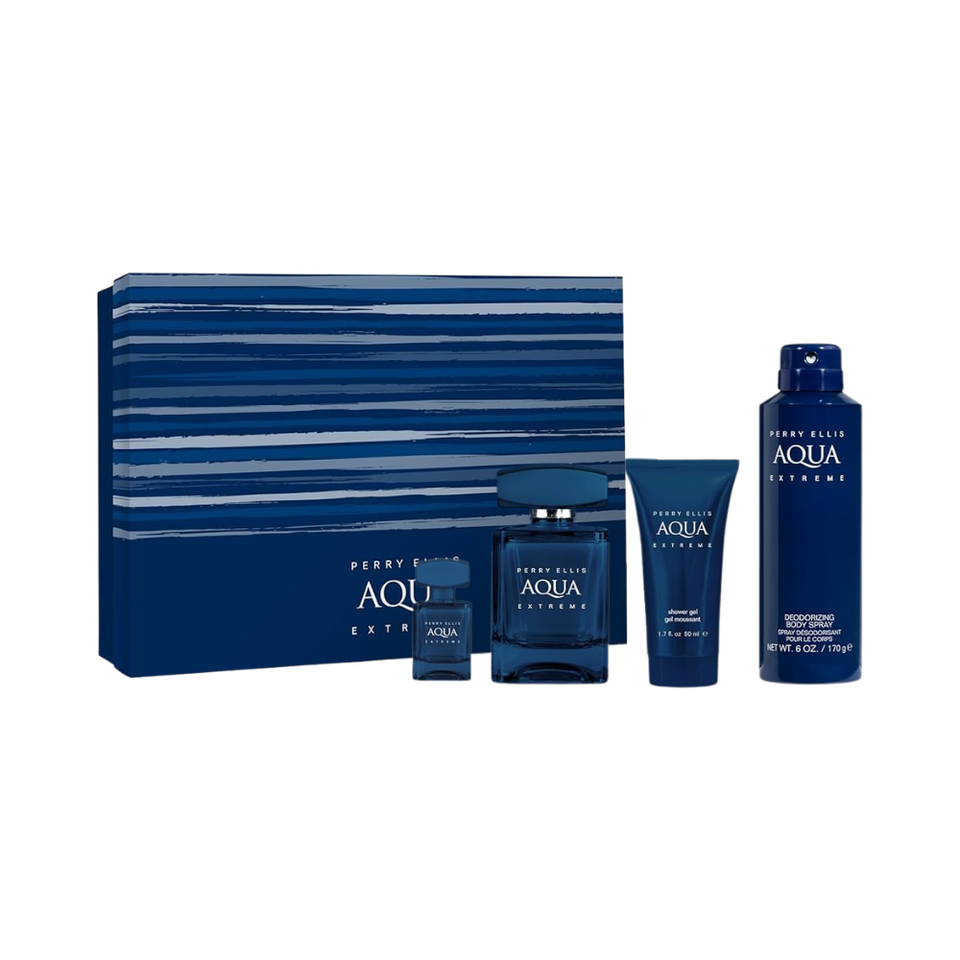 SET PE PERRY ELLIS 4PC AQUA EXTREME 3.4 EDT+6.0 DEO+1.7 SG+0.25 EDT SPRAY (M) HARD BOX
