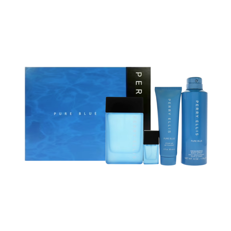 SET PE PERRY ELLIS 4PC PURE BLUE 3.4 EDT+6.0 DEO SPRAY+3.0 SG+0.25 EDT SPRAY (M) HARD BOX