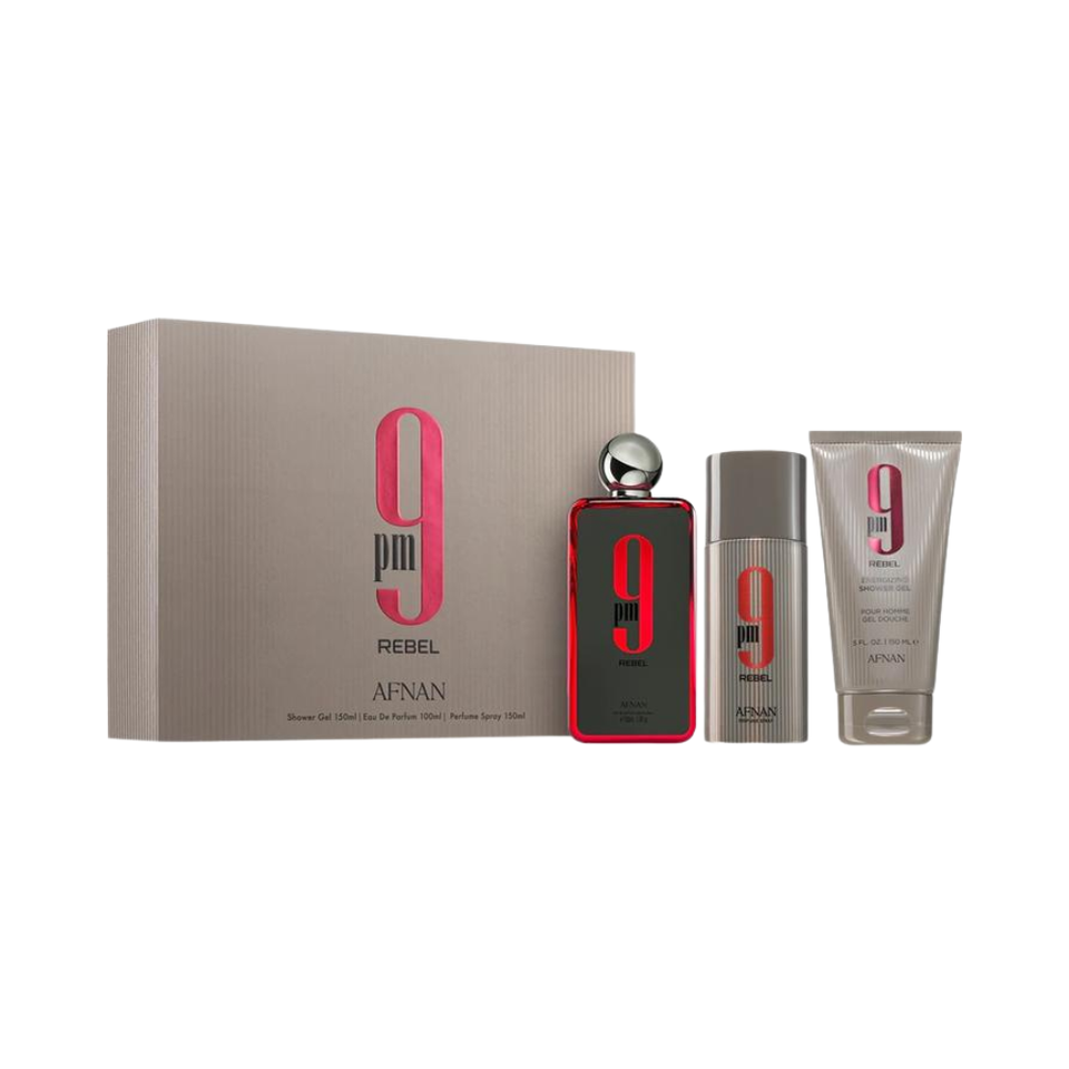 SET AFNAN 3PC 9PM REBEL 3.4 EDP+5.0 SG+5.0 PERFUMED SPRAY (M) HARD BOX
