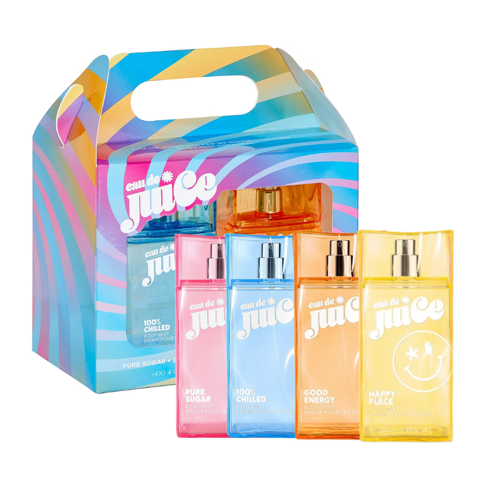 SET COSMOPOLITAN 4PC EAU DE JUICE 4.0 OZ BODY MIST COLLECTION PURE SUGAR+100% CHILLED+GOOD ENERGY+HAPPY PLACE (W) SOFT WINDOW BOX W/ HANDLE