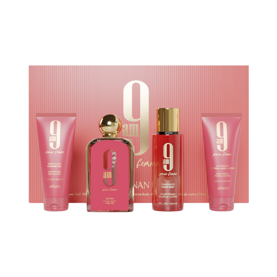 SET AFNAN 4PC 9AM FEMME 3.4 EDP+3.4 SG+3.4 BL+5.0 BODY MIST (W) HARD BOX
