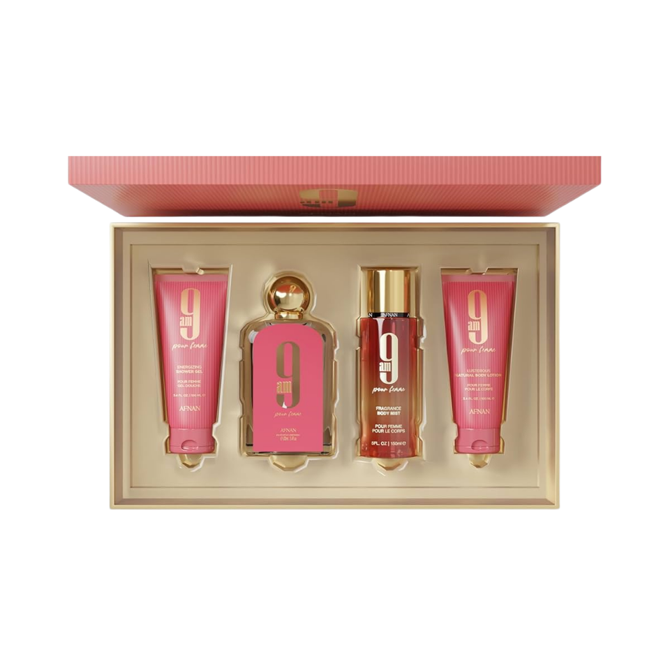 Set Afnan 4PC 9AM Femme 3.4 EDP+3.4 SG+3.4 BL+5.0 Body Mist (W) Hard Box