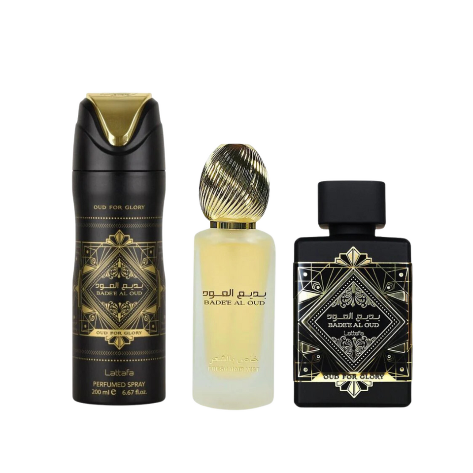 Set Lattafa 3Pc Bade'e Al Oud Glory 3.4 Edp+6.67 Deo+1.7 Hair Mist (U)