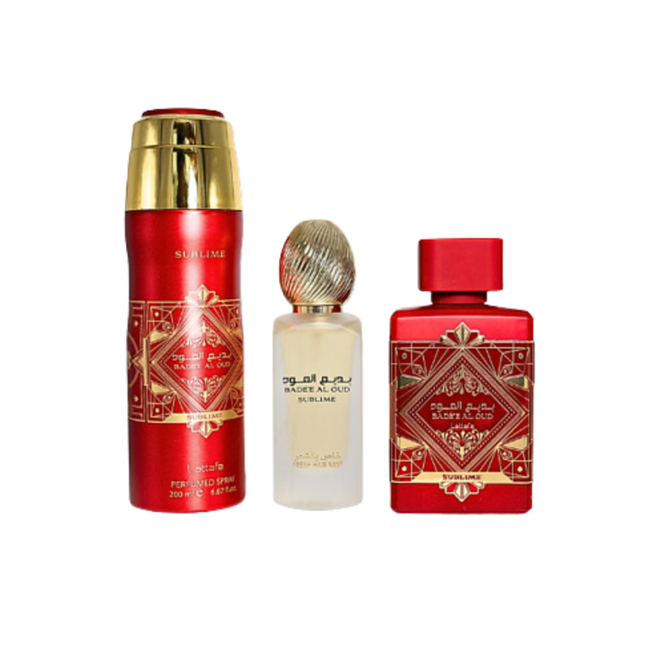 Set Lattafa 3Pc Bade'e Al Oud Sublime 3.4 Edp+6.67 Deo Spy+1.7 Hair Mist (U)