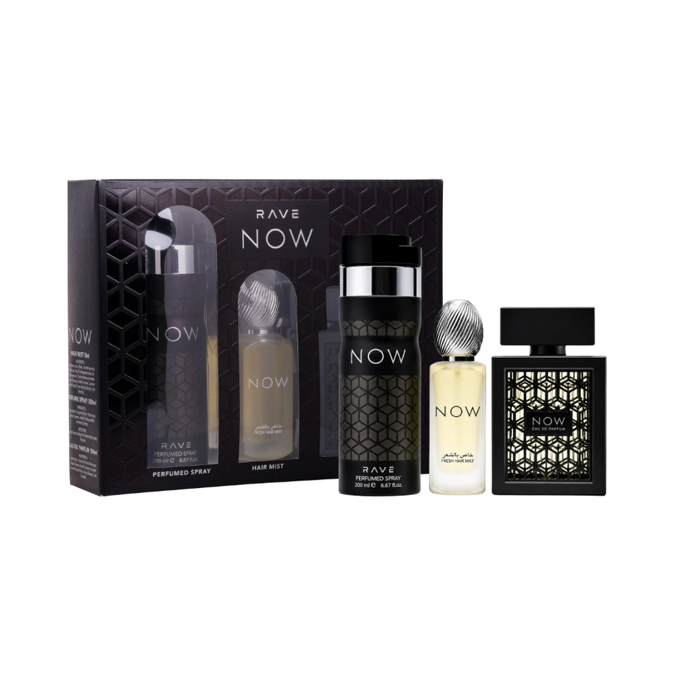 SET LATTAFA 3PC RAVE NOW BLACK 3.4 EDP+1.7 HAIR MIST+6.67 PERFUMED SPRAY (M) SOFT DISPLAY BOX