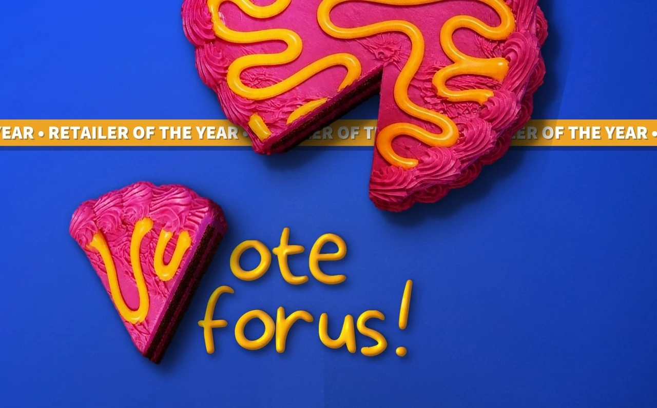Retailer of the year - Vote for us. Pink Cake on blue background
