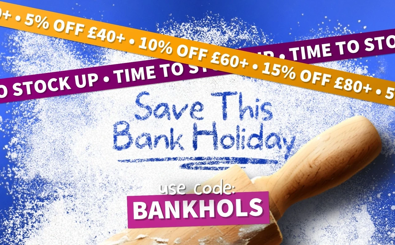 Save this bank holiday written in flour on a blue background