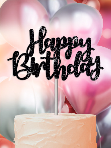 Happy Birthday Cake Topper Aus Schwarzem Glitzer – Mit Bambus-Stiel – Für Kuchen, Cupcakes Oder Deko