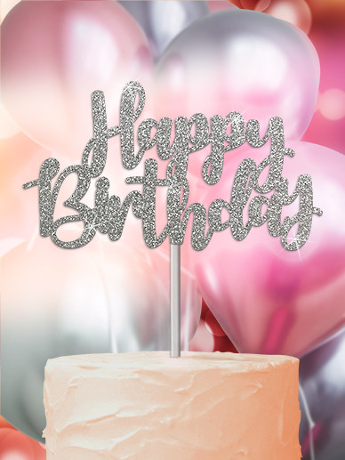 "Love Happy" Birthday Cake Topper - Acrylic Party Decor, Silver/Multi - Cupcake Theme