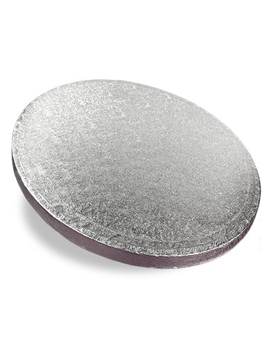 A single 12 inch cake board. Round with silver foil.