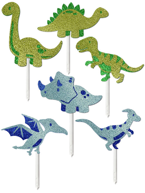 Glitter Card Cupcake Topper - Dinosaurs - Set of 6 (Blue/Green Mix)