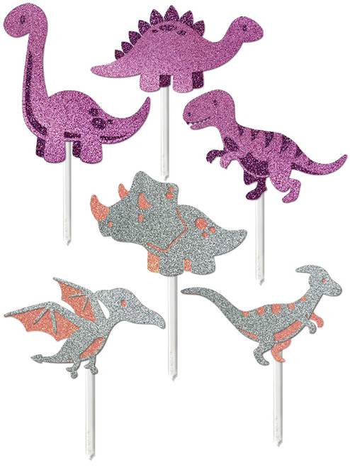 Glitter Card Cupcake Topper - Dinosaurs - Set of 6 (Pink/Purple Mix)