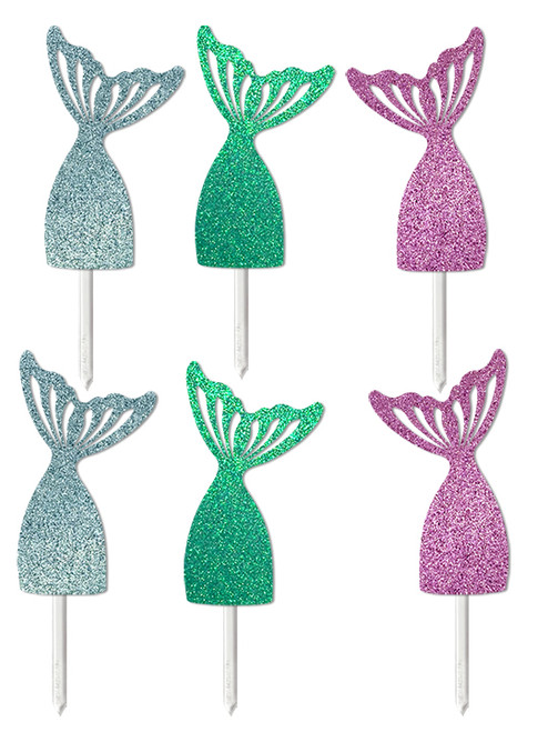 Glitter Card Cupcake Toppers - Mermaid Tails - Set of 6