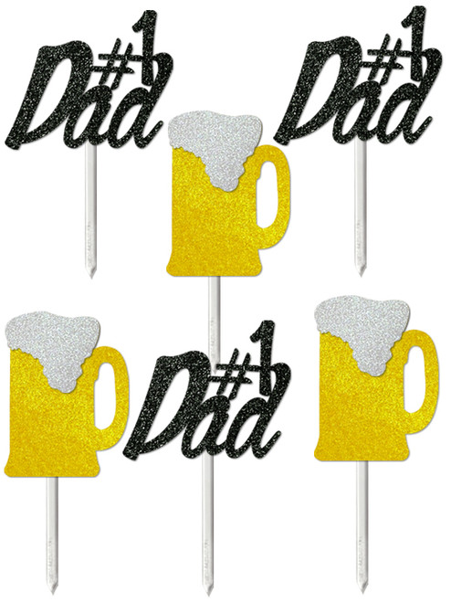 Glitter Card Cupcake Toppers - #1 Dad & Beer - Set of 6