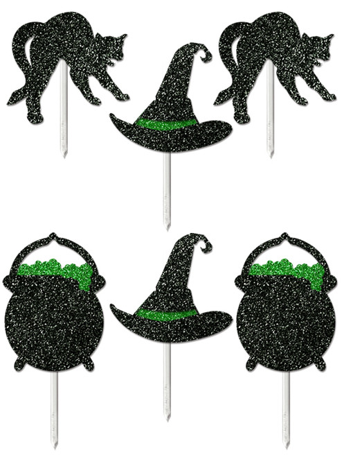 Glitter Card Cupcake Cake Toppers - Witches Set - Set of 6