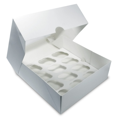 An open cupcake box showing space for 12 cupcakes. 4 Inches deep