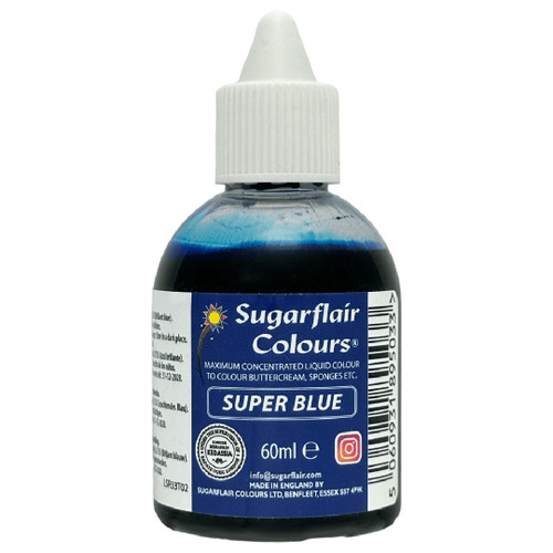 A bottle of Sugarflair Maximun Concentrated Food Colour Super Blue