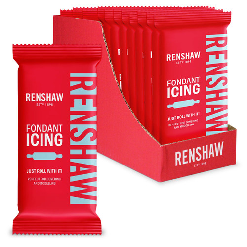 Open red box with twelve 250g Renshaw fondant inside. One block of fondant sits next to the box.