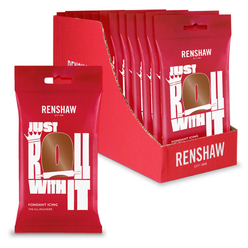 Open red box with twelve 250g Renshaw fondant inside. One block of fondant sits next to the box.