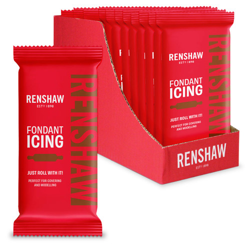 Open red box with twelve 250g Renshaw fondant inside. One block of fondant sits next to the box.