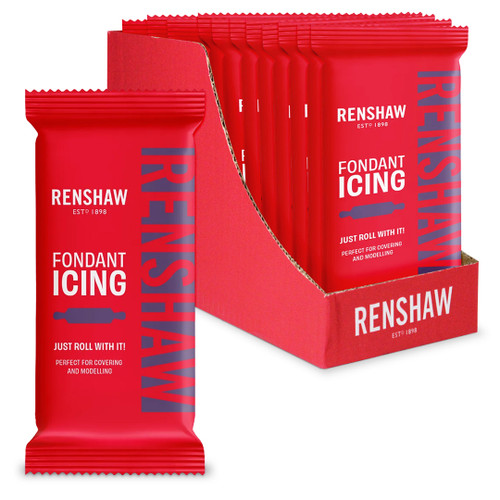 Open red box with twelve 250g Renshaw fondant inside. One block of fondant sits next to the box.
