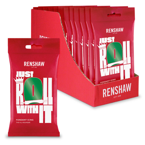 Open red box with twelve 250g Renshaw fondant inside. One block of fondant sits next to the box.