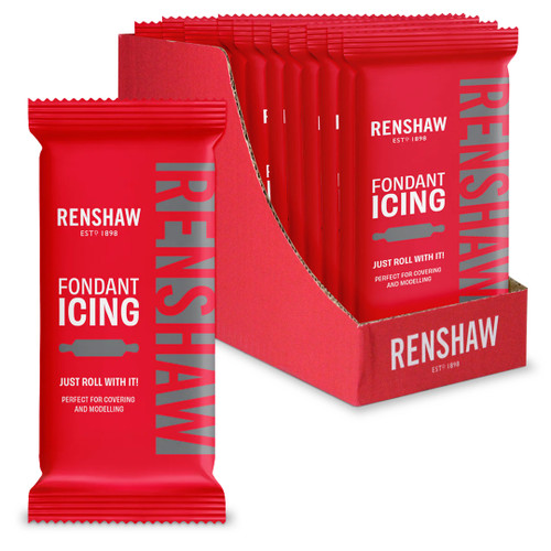 Open red box with twelve 250g Renshaw fondant inside. One block of fondant sits next to the box.