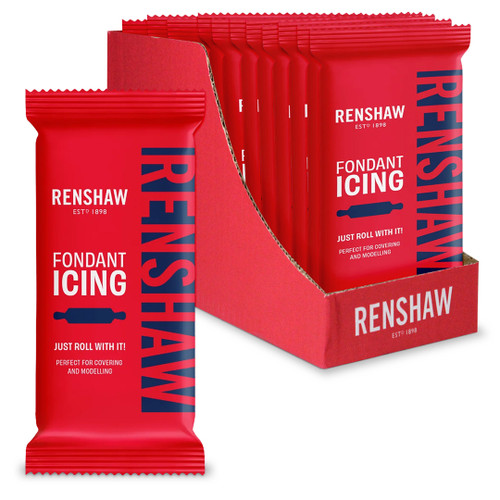 Open red box with twelve 250g Renshaw fondant inside. One block of fondant sits next to the box.