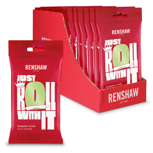 Open red box with twelve 250g Renshaw fondant inside. One block of fondant sits next to the box.